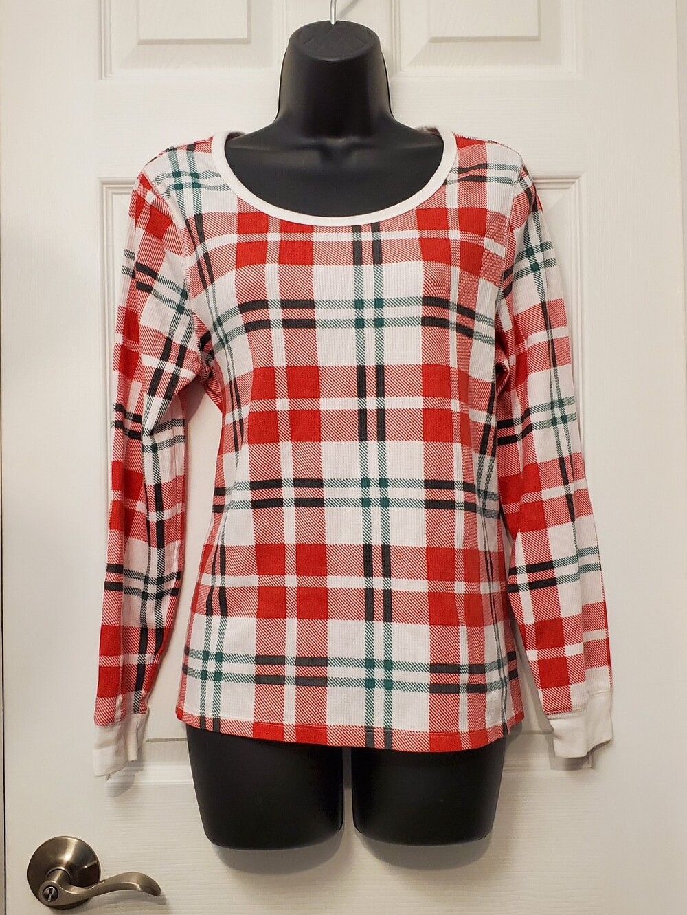 Plaid Red and White Long-Sleeve Women's Waffel Knit Top L